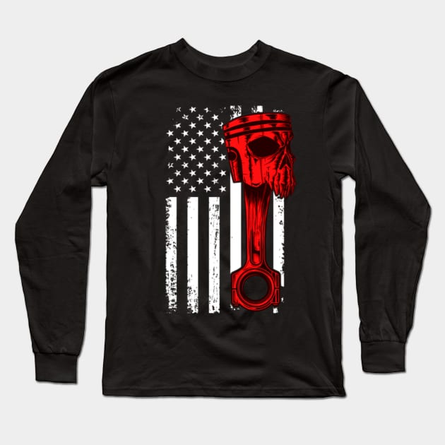 Niche Skull Island Mod Art  Car Enthusiast American Flag Skull Piston Muscle Long Sleeve T-Shirt by LailaLittlerwm